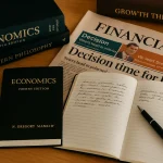 Annibale Marsili finanza - Dettaglio ravvicinato di un taccuino aperto con appunti scritti a mano, accanto a libri e giornali economici su una scrivania in legno